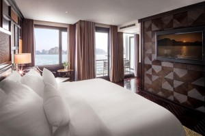 (The Ambassador Balcony cabins are equipped with private balconies affording spectacular views of the bay and its limestone karsts.)